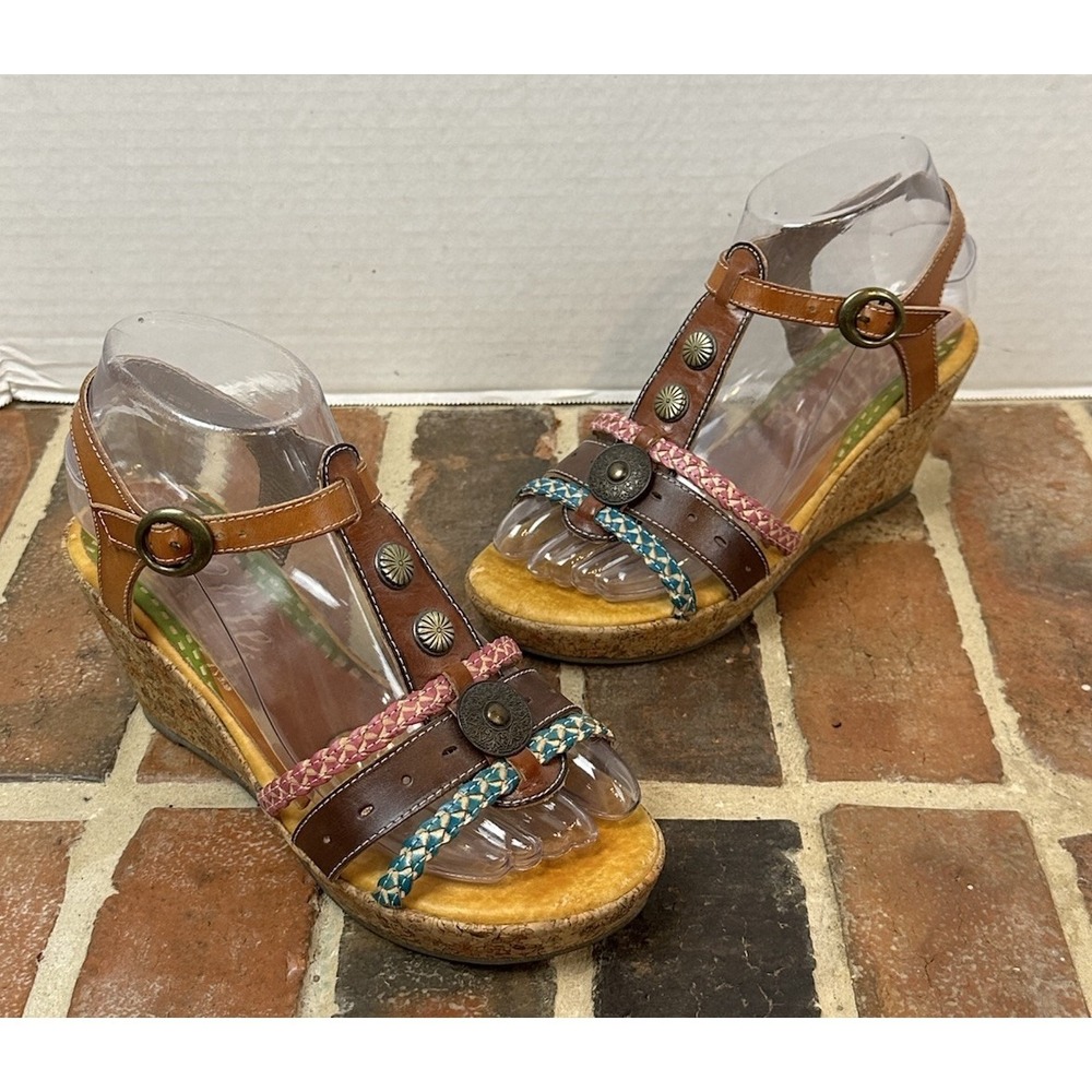 Elite By Corkys Atlantic Multicolor Leather Sandals Cork Wedge T-strap Studs